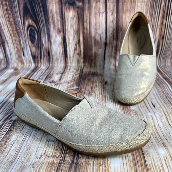 Clarks DANELLY SKY Womens Size 10 Metallic Tan Canvas Loafers Shoes Ballet Flats - Picture 1 of 10